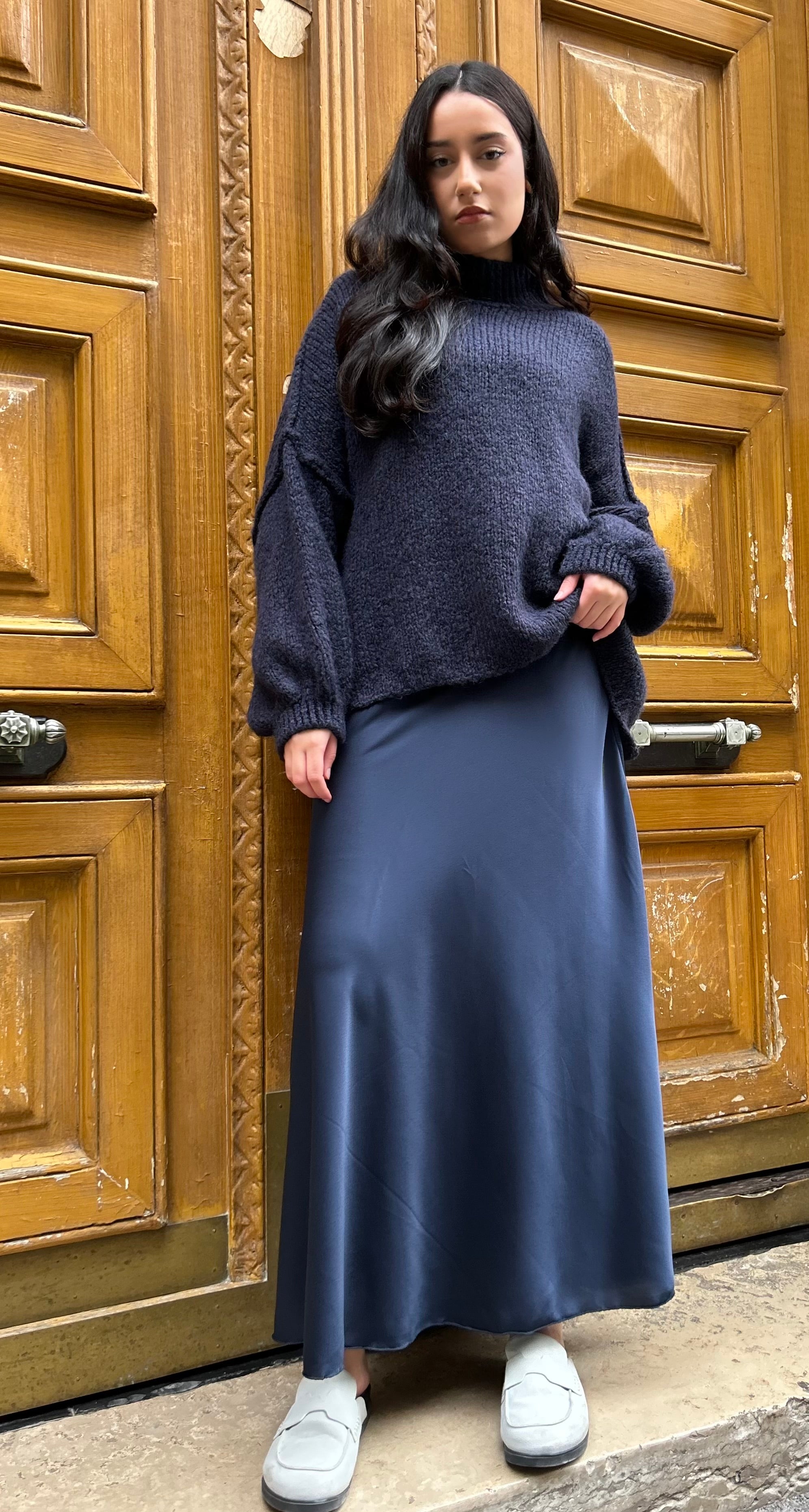 JUPE SATIN LONGUE - MARINE