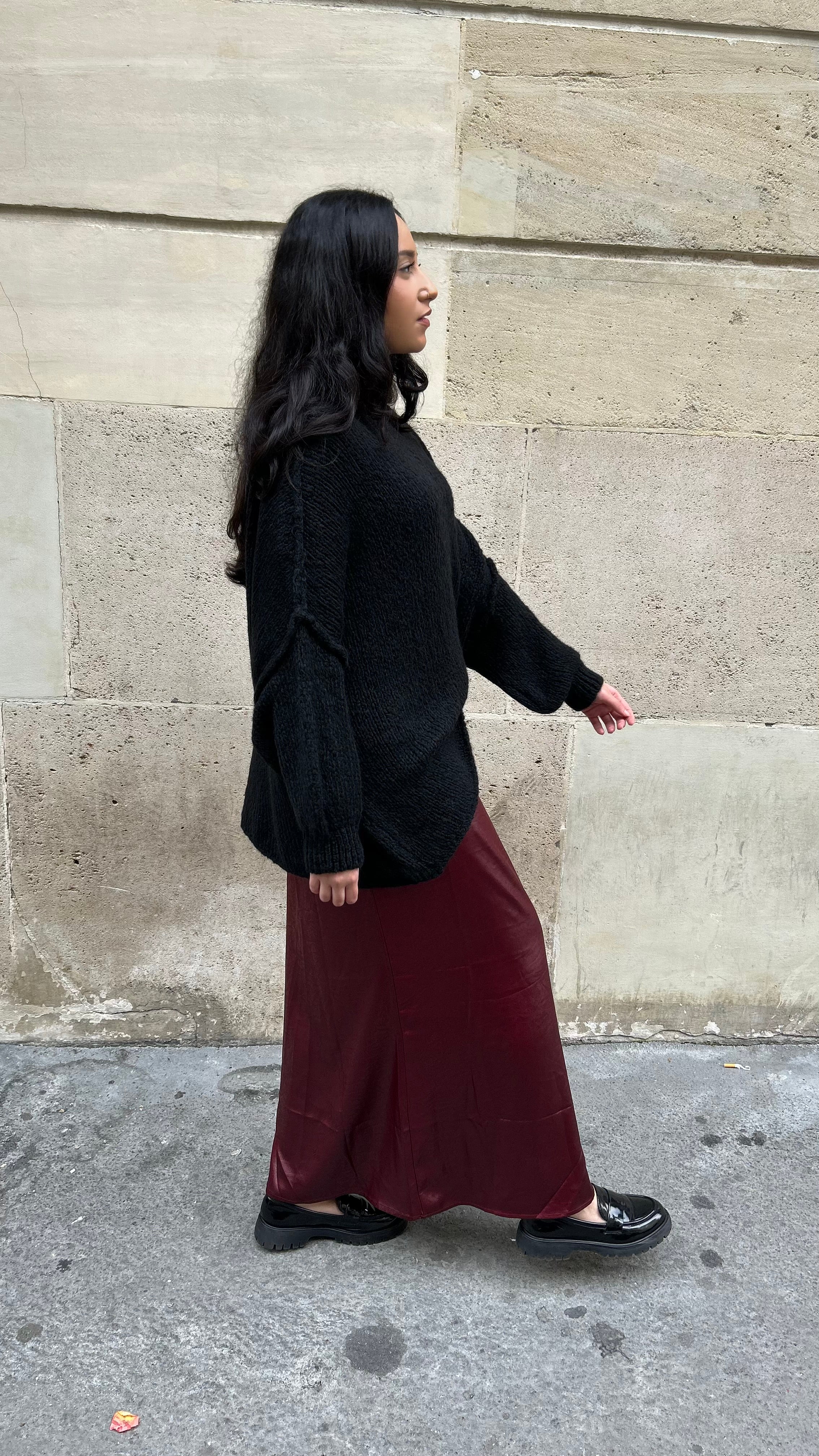 JUPE SATIN REFLET CUIR - BORDEAUX