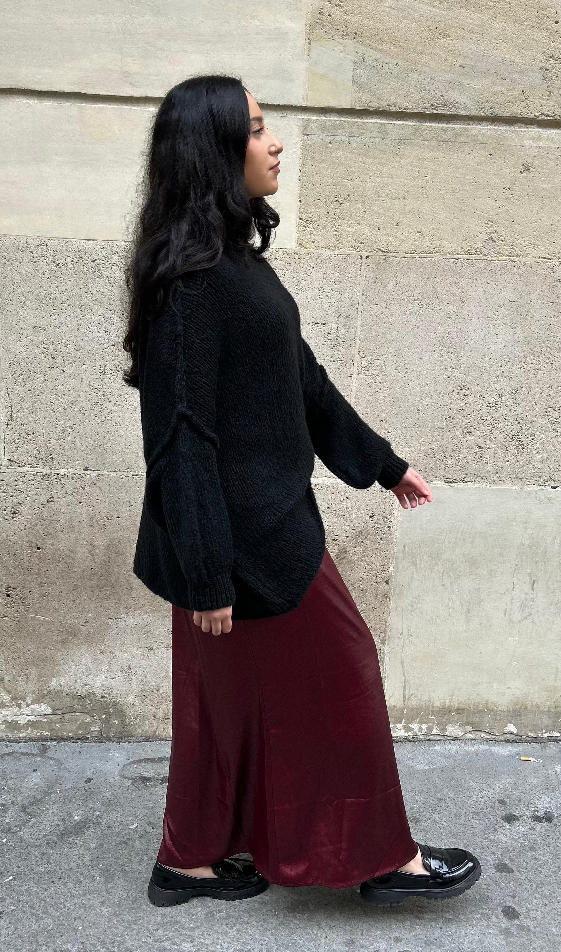 JUPE SATIN REFLET CUIR - BORDEAUX
