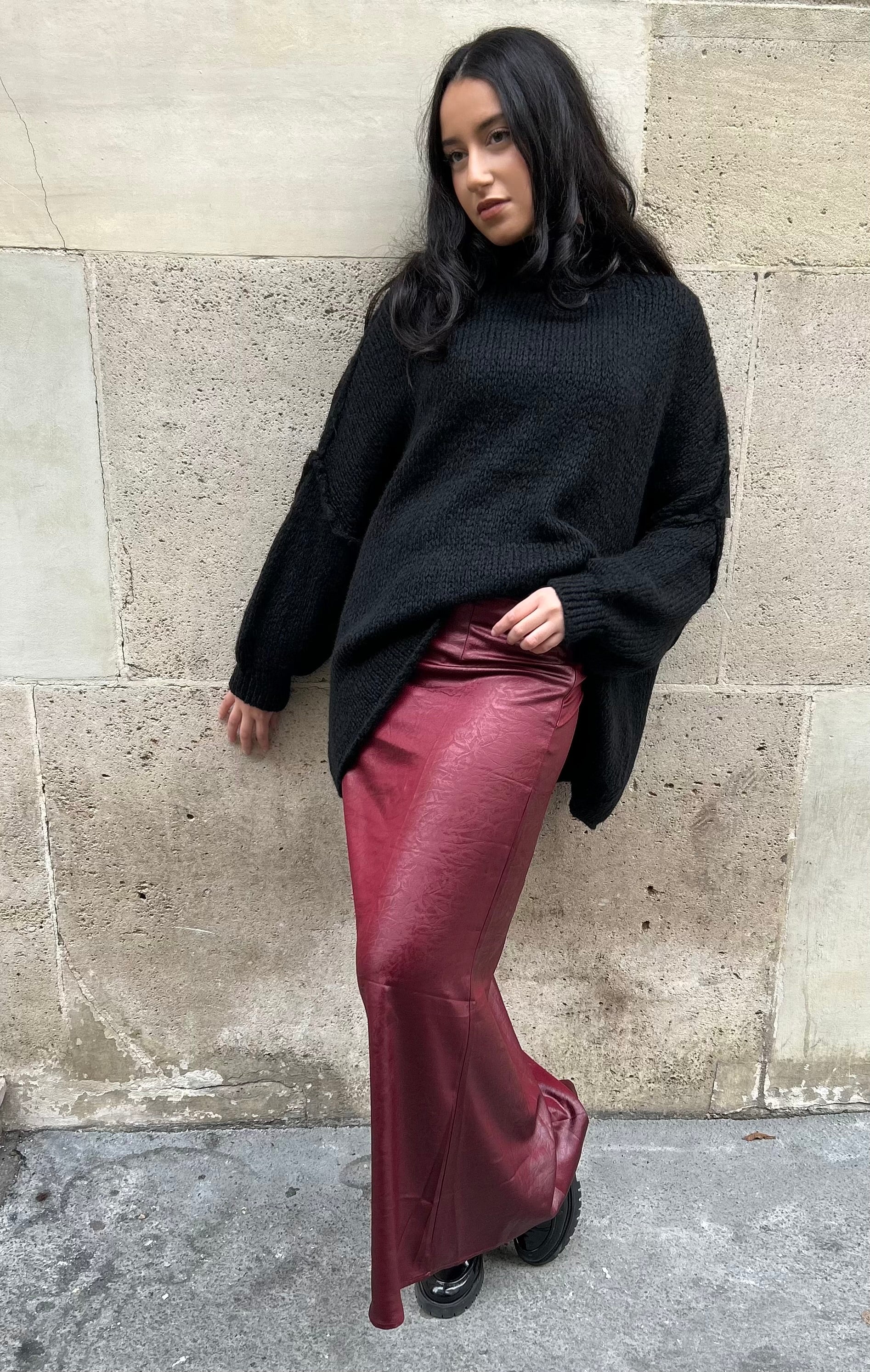 JUPE SATIN REFLET CUIR - BORDEAUX